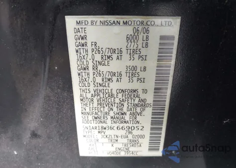 2006 Nissan Pathfinder Se from USA, damaged, VIN 5N1AR18W36C669052